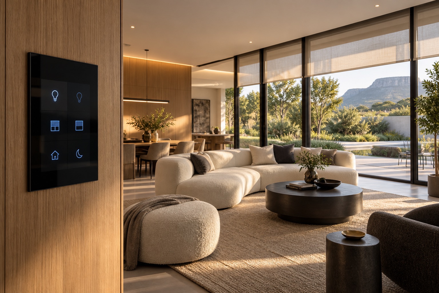 Smart-home inspiration: elegant modern lounge with integrated lighting and blind controls